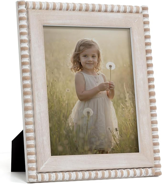 Afuly 8x10 Farmhouse Picture Frame Boho White Beads Photo Frame Wooden Distressed Wall Hanging Desk Standing Decor Artwork...