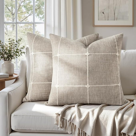 HOMEIDEAS Decorative Plaid Throw Pillow Covers 20x20 Set of 2, Tan Farmhouse Pillow Covers, Neutral Faux Linen Cushion Cov...