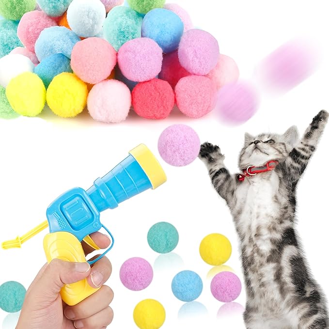 MeoHui 31Pcs Cat Ball Toy Launcher Gun,Cat Balls Fetch Toy,30Pcs Plush Fuzzy Balls Launcher Cat Toy for Cats with 1 Gun,Fu...