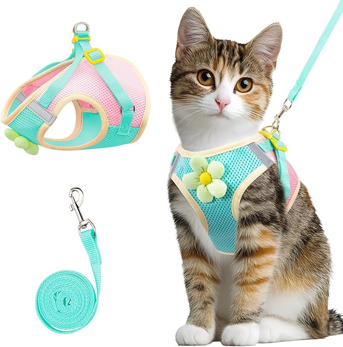 Cat Harness and Leash Set Escape Proof, Adjustable Cat Vest Harnesses Soft Kitten Harness Reflective Strips Jacket with Fl...