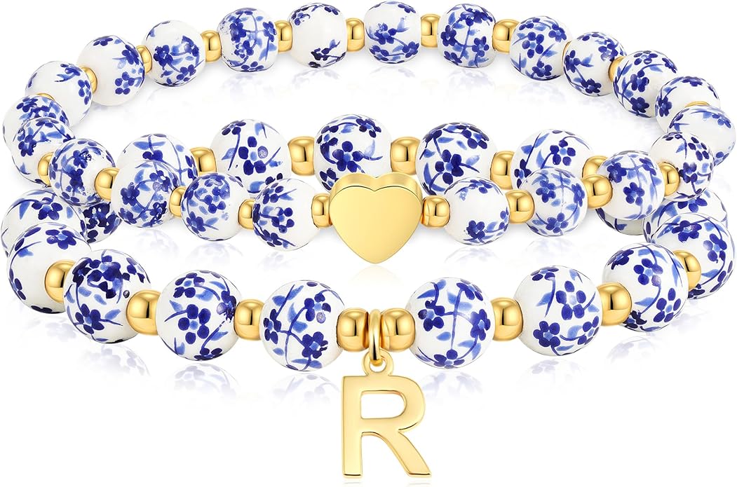 Maxcate Bead Charm Heart Initial Bracelet for Women Girls - 2PCS Flower Vintage Heart Initial Bracelet Teen Girls Gifts Ha...
