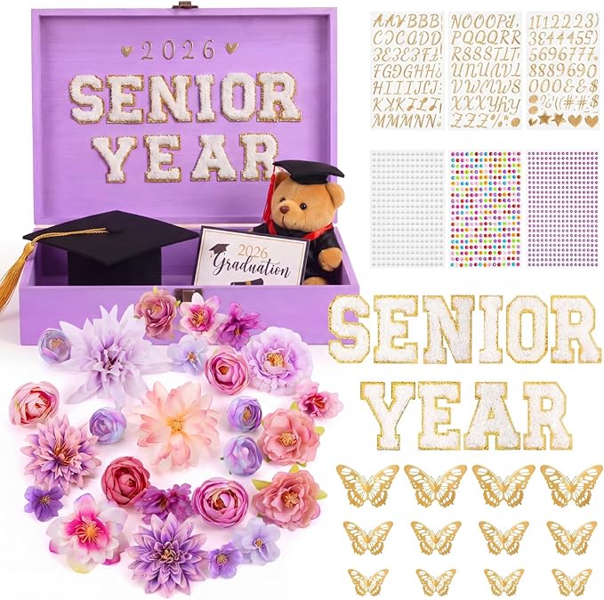 Novabright 50 Pcs 2026 DIY Senior Year Graduation Keepsake Box Kit Large Wooden Memory Box with 3D Butterfly, Flowers, Gli...