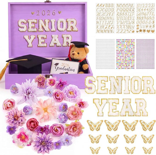 Novabright 50 Pcs 2026 DIY Senior Year Graduation Keepsake Box Kit Large Wooden Memory Box with 3D Butterfly, Flowers, Gli...
