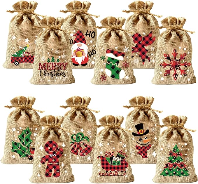 CCINEE 36pcs Christmas Burlap Bags, 4×6 Inch Drawstrings Christmas Linen Goody Gift Candy Bags with Double Jute Drawstring...