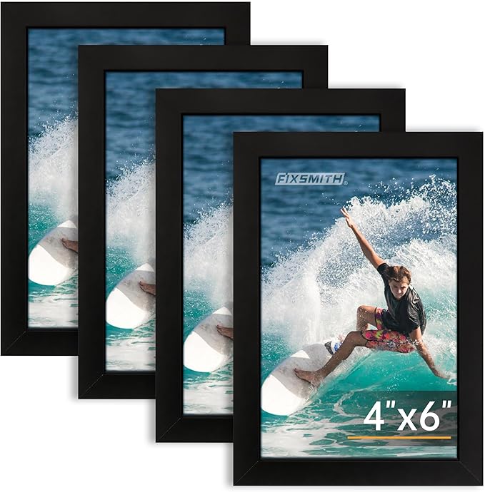 FIXSMITH 4x6 Picture Frame Set of 4, 4x6 Photo Frames with HD Plexiglass for Wall Hanging or Tabletop Display, Black