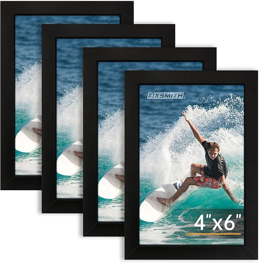 FIXSMITH 4x6 Picture Frame Set of 4, 4x6 Photo Frames with HD Plexiglass for Wall Hanging or Tabletop Display, Black