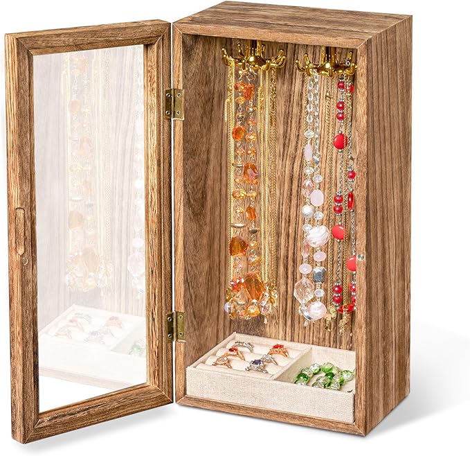 SINGLBA Necklace Holder Organizer, Wooden Jewelry Box for Women Girls, Rotatable Jewelry Organizer Case with Ring Tray Dis...
