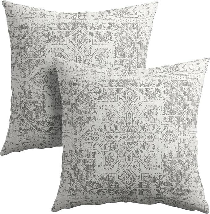 Boho Throw Pillow Covers 20X20 Inches Set of 2 Grey and White Ethnic Design Pillowcase Soft Cotton Linen Square Carpet Pat...
