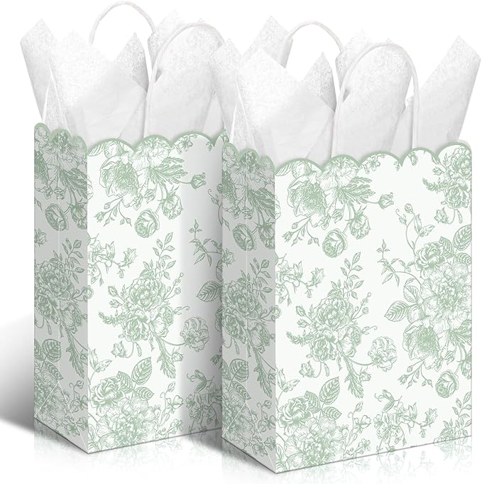Kolldenn 24 Pcs Sage Green Floral Gift Bags with Handles Wildflower Party Favor Candy Treat Goodie Bags Scalloped for Birt...