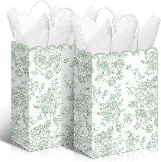 Kolldenn 24 Pcs Sage Green Floral Gift Bags with Handles Wildflower Party Favor Candy Treat Goodie Bags Scalloped for Birt...