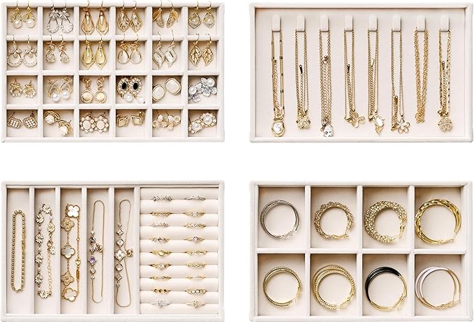 Velvet Jewelry Drawer Organizer Trays – 4-Layer Stackable Jewelry Storage Inserts Set, Beige Jewelry Tray Set for Earring...