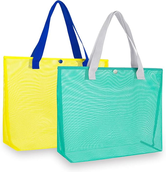 hsmyank 2Pack Large lightweight Simple Mesh Beach Tote Bag With snap Button Reusable Pool Bag for Outdoor Travel Shopping Gym