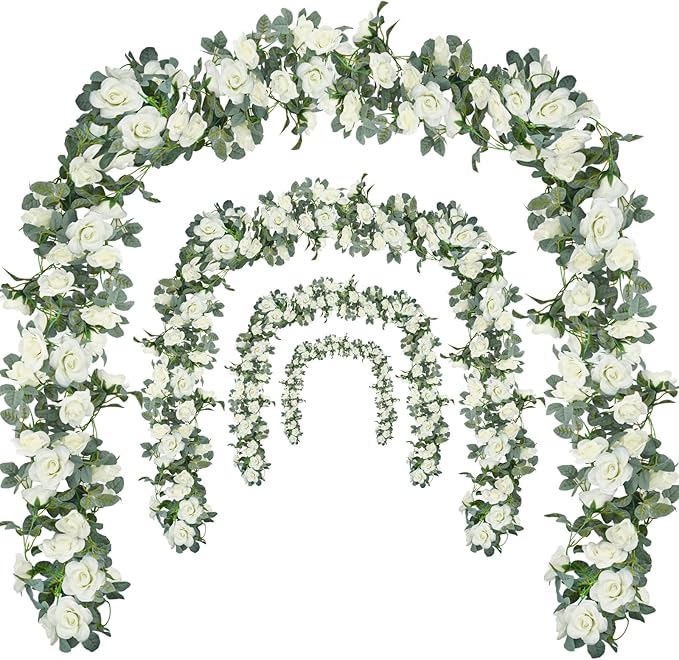 Bacucine Flower Garland Rose Vine 4Pcs 28FT Artificial Floral Garland with Green Leaves Hanging Rose Vine for Wedding Part...