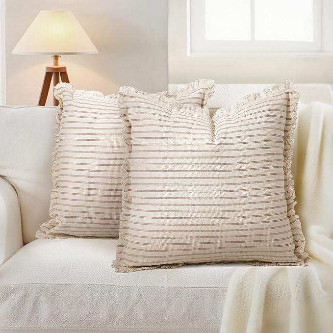 HEAVYWOOD Throw Pillow Covers Striped Boho Cushion Cover with Tassels Fringe Linen Accent Neutral Decorative Pillowcase fo...