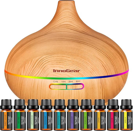 InnoGear Aromatherapy Diffuser & 10 Essential Oils Set, 400ml Diffuser Ultrasonic Diffuser Cool Mist Humidifier with 4 Tim...