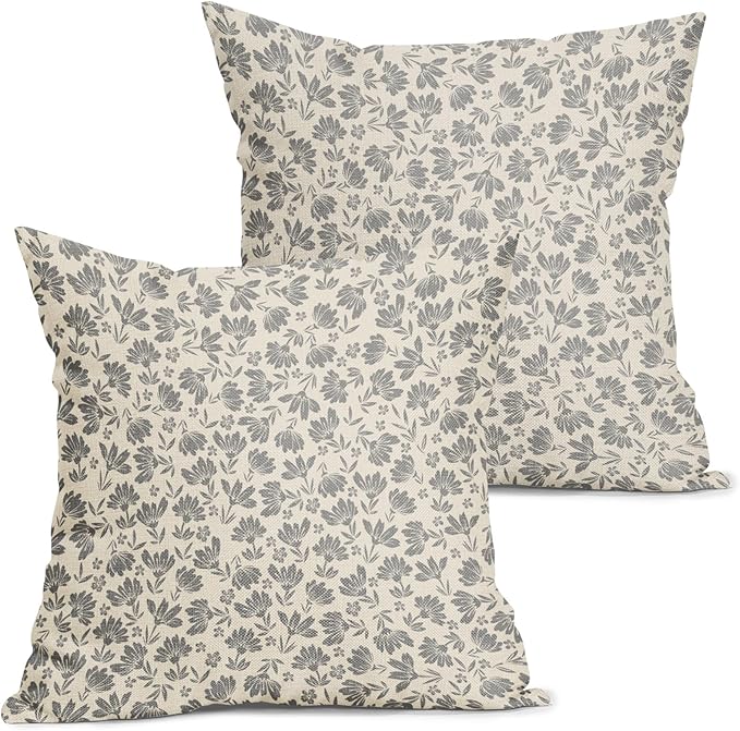 Kawani Daisy Floral Block Print Pillow Covers 18X18 Inch Gray Grey Beige Flowers Decorative Square Pillow Cases Set of 2 F...