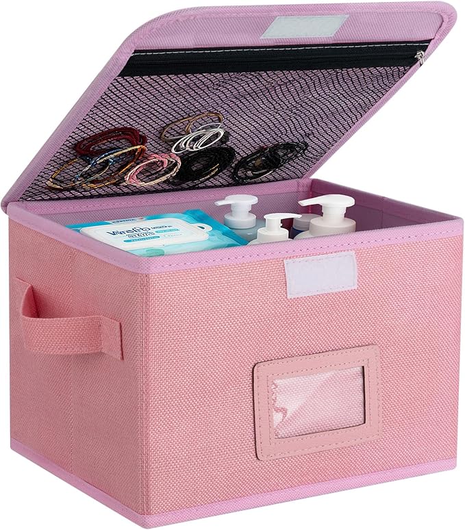 EsmeeSis Small Storage Box, Storage Basket with Lid, Foldable Cotton Linen Fabric Keepsake Box, Organizer Container with Z...