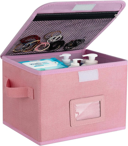 EsmeeSis Small Storage Box, Storage Basket with Lid, Foldable Cotton Linen Fabric Keepsake Box, Organizer Container with Z...