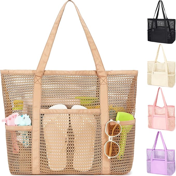 Fammart Mesh Beach Bag for Women, Casual Hobo Bags Large Beach Tote for Pool Travel Cruise Vacation Essentials