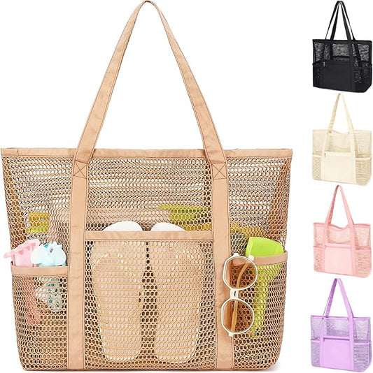 Fammart Mesh Beach Bag for Women, Casual Hobo Bags Large Beach Tote for Pool Travel Cruise Vacation Essentials