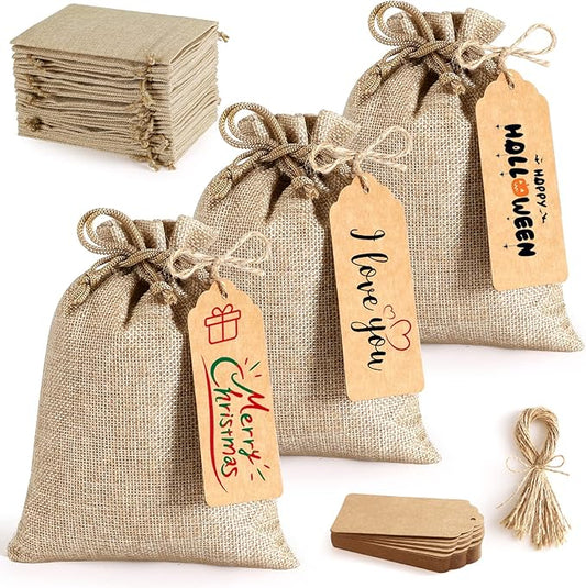 25Set Reusable Burlap Gift Bags with Drawstring, 5x7" Small Party Favor Gift Bags + Bonus Gift Tags & String, Brown Linen ...