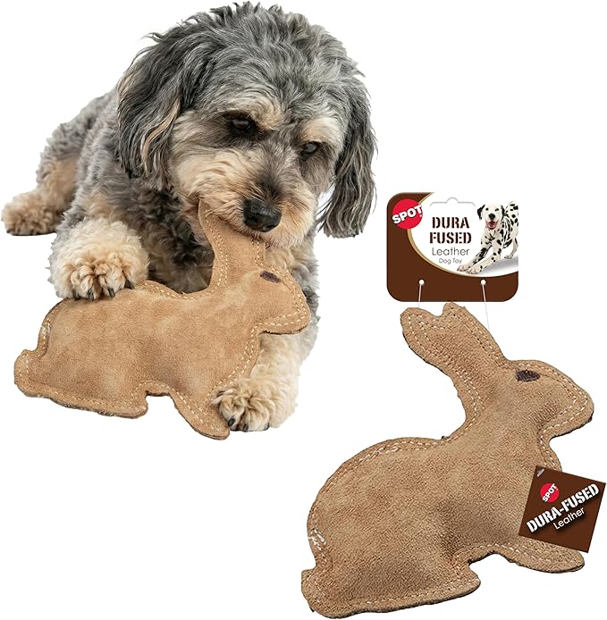 SPOT Dura-Fused Leather Rabbit Dog Toy – Durable Real Leather & Jute Chew Toy with Squeaker, Double-Stitched for Moderate ...