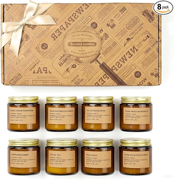 Scented Candles for Home, 8 Pack Soy Wax Candle Set, Aromatherapy Candles, Amber Jar Vintage Apothecary Style, 8 Scents Gi...