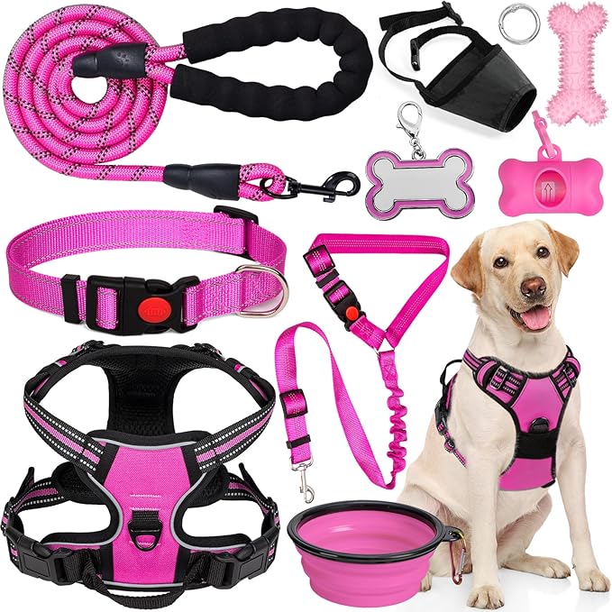 YXFDOYT No Pull Dog Harness Adjustable Collar & Leash Set - Dog Halter Harnesses Collapsible Bowls & Poop Bag Dispenser Mu...