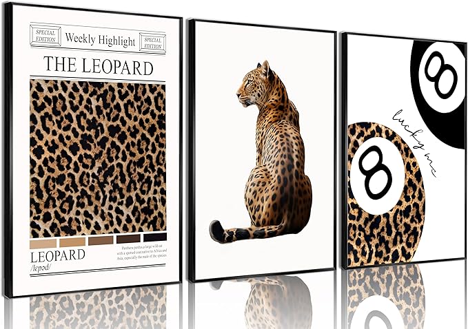 Trendy Leopard Wall Art Set of 3 Funky Lucky 8 Ball Posters Prints Preppy Room Aesthetic Cheetah Wall Decor Pictures for G...