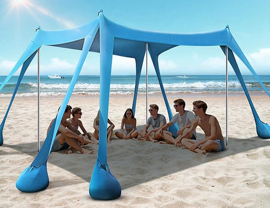 Rengue Beach Tent, Beach Canopy UPF50+ UV Protection, 10x10ft Beach Shade Sun Shelter with 8 Sandbags, Sand Shovels, Groun...