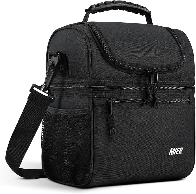 MIER Insulated Lunch Box Dual Compartment Lunch Bag Leakproof Cooler for Men Women Adult Work, Black, Medium (Upgraded Ext...