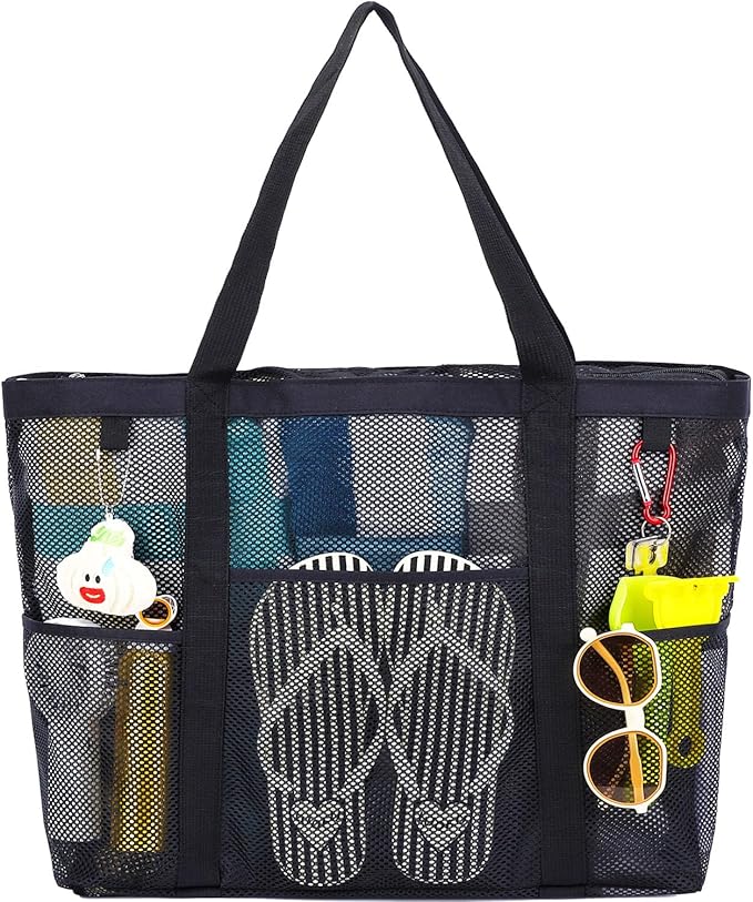 Fammart Mesh Beach Bag with Zipper, Large Beach Tote for Women, Toys Pool Swim Bag Travel Vacation Cruise Essentials