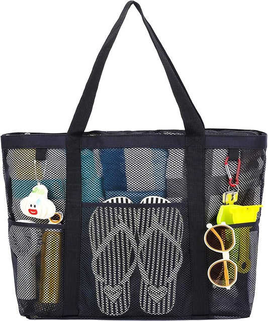 Fammart Mesh Beach Bag with Zipper, Large Beach Tote for Women, Toys Pool Swim Bag Travel Vacation Cruise Essentials