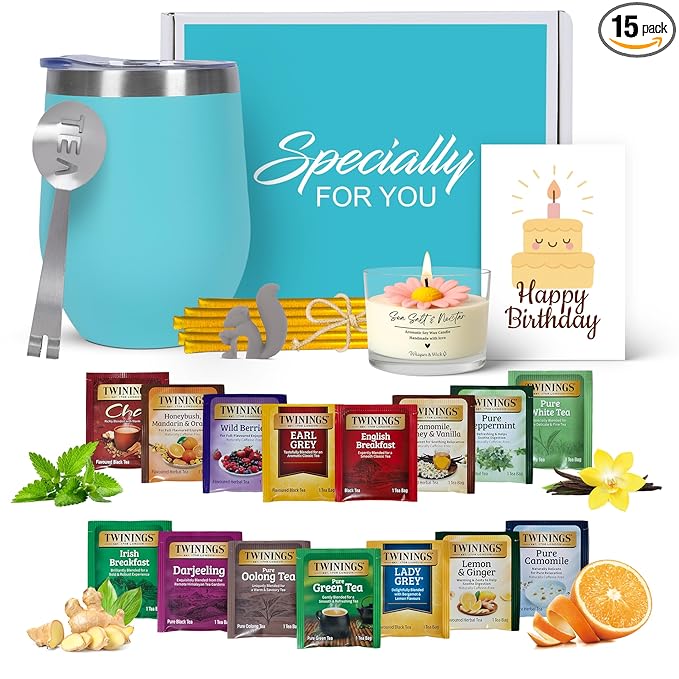 Birthday Gift Set with Stainless Tumbler, 15 Assorted Teas, 10 Honey Straws, Tea Tongs, Scented Candle and Greeting Card i...