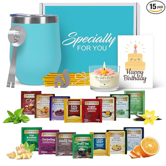 Birthday Gift Set with Stainless Tumbler, 15 Assorted Teas, 10 Honey Straws, Tea Tongs, Scented Candle and Greeting Card i...
