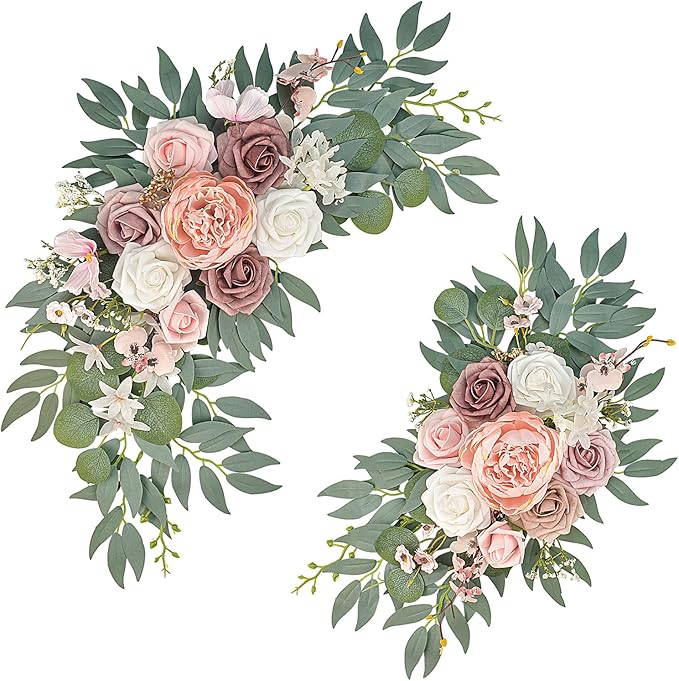 Finphoon Pink Wedding Arch Flowers Set of 2, Artificial Wedding Arch Floral Swag Arrangement for Reception Photo Backdrop ...