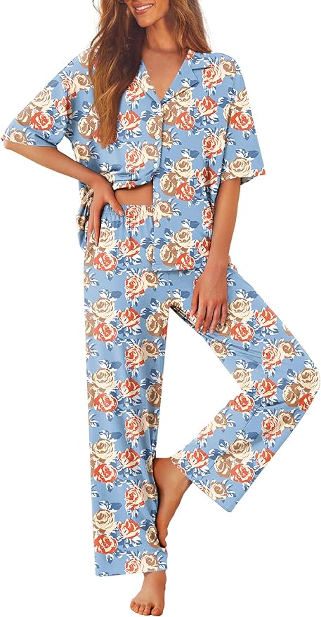 Ekouaer Women Pajamas Set Button Down Sleepwear Short Sleeve Pjs Soft Comfy Nightwear with Long Pants S-XXL