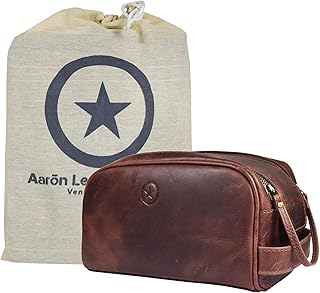 Leather Toiletry Bag for Men | Grooming Travel Kit | With Waterproof Lining | By Aaron Leather (Dark Brown)
