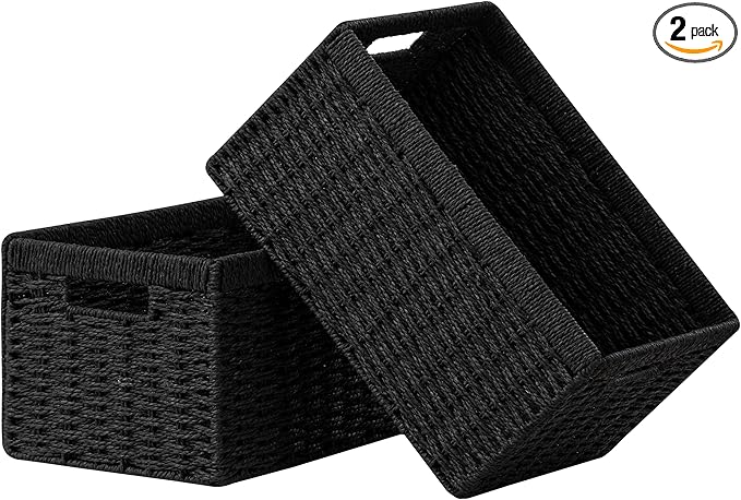 UBBCARE 2 Pack Wicker Basket, 13.4L×8.3H×7.1W inch Woven Paper Rope Storage Baskets for shelves, Foldable Rectangular Stor...