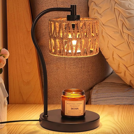 Ruiever Candle Warmer Lamp, Rattan Candle Heater with 2 Light Bulbs, Dimmable and Timer Melt Warmer for Scented Jar Candle...