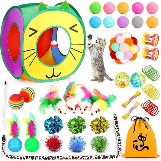 37 PCS Interactive Kitten Toys for Indoor Cats - Variety Set With Collapsible Tunnel Tube Tent, Feather Teaser Wand, Bell,...