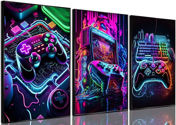BGFCE Game Room Decor Posters Set of 3 - Neon Gaming Accessories Theme Canvas Wall Art, Gamer Console Paintings Picture Wa...