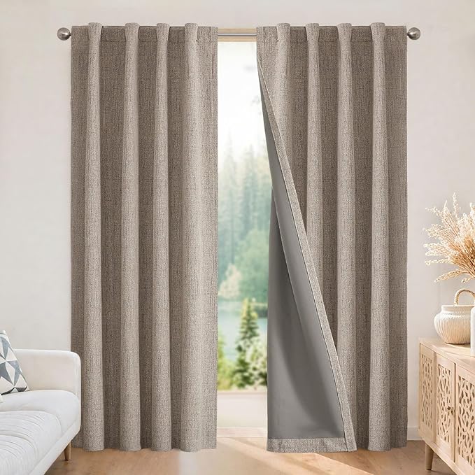 Joydeco Blackout Curtains for Bedroom - Nature Linen 84 Inch Long 100% Light Blocking 2 Panels Set, Rod Pocket & Back Tabs...