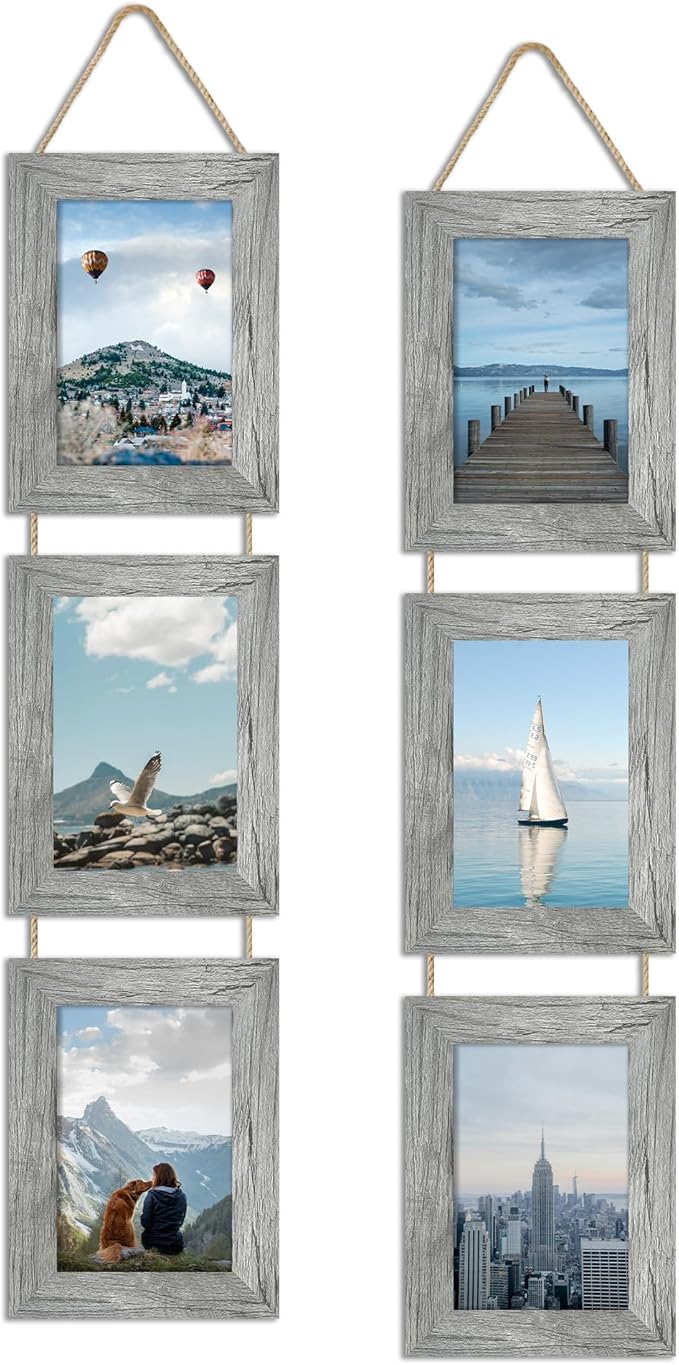 ccdcc 4x6 Collage Picture Frames Set of 2, Rustic Gray Wooden Real Glass Vertical Hanging 3 Opening 4 by 6 Photo Frame, Grey
