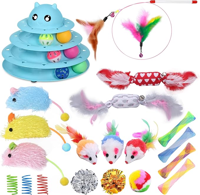 UPSKY 24 PCS Cat Toys, 3-Level Turntable Kitten Toys Set, Interactive Cat Roller Toys for Indoor Cats, Catnip Toys, Cat Te...