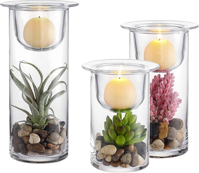 KMwares Glass Cylinder Candle Holders Set of 3 with Artificial Succulent and Decorative Stones, Hurricane Candle Holder Ce...