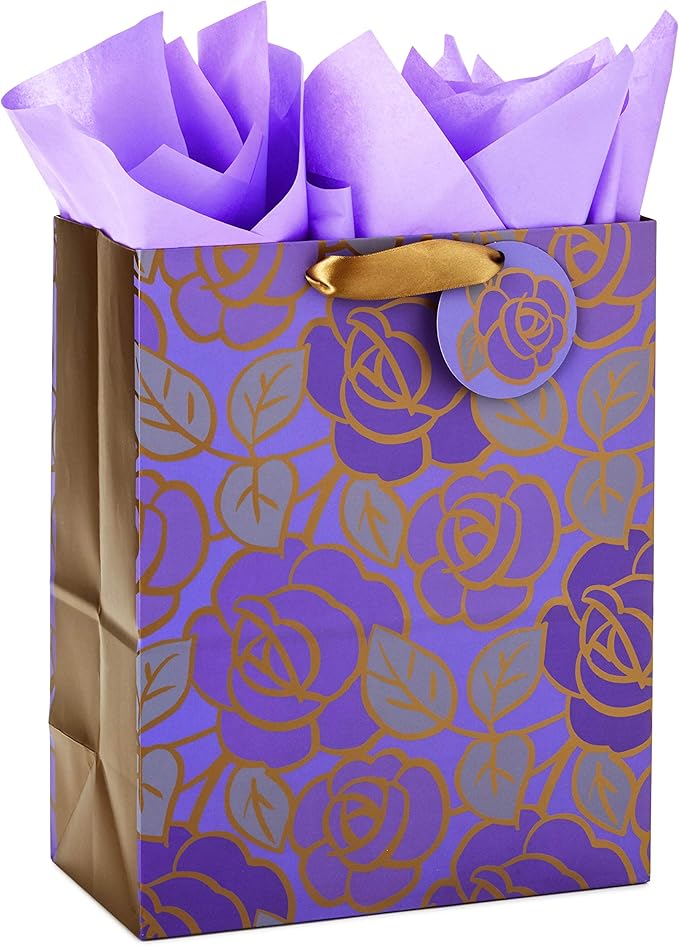 Hallmark 13" Large Gift Bag with Tissue Paper (Purple Flowers, Gold Accents) for Birthdays, Mother's Day, Bridal Showers, ...