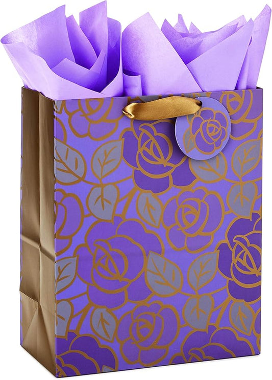 Hallmark 13" Large Gift Bag with Tissue Paper (Purple Flowers, Gold Accents) for Birthdays, Mother's Day, Bridal Showers, ...