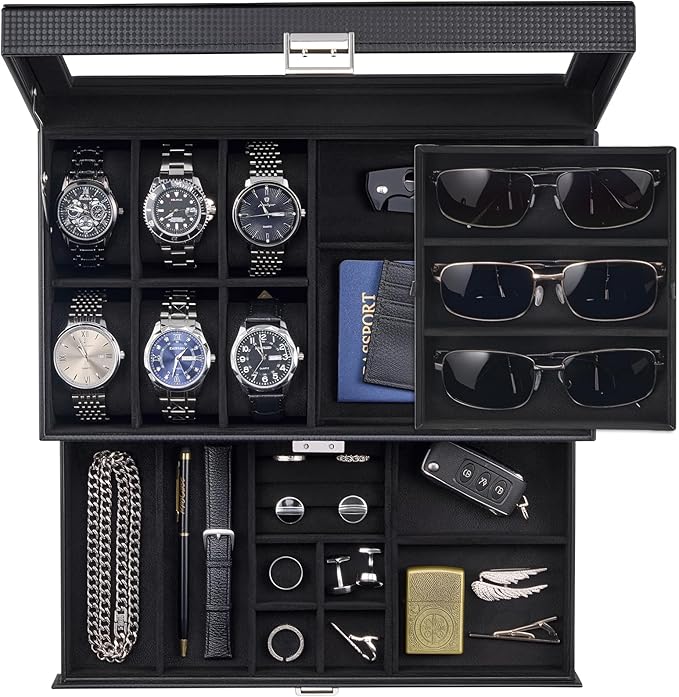 ProCase Mens Jewelry Box, Lockable 6 Slot Watch Case & 3 Slot Sunglasses Organizer, 2-layer Mens Jewelry Organizer Watch B...