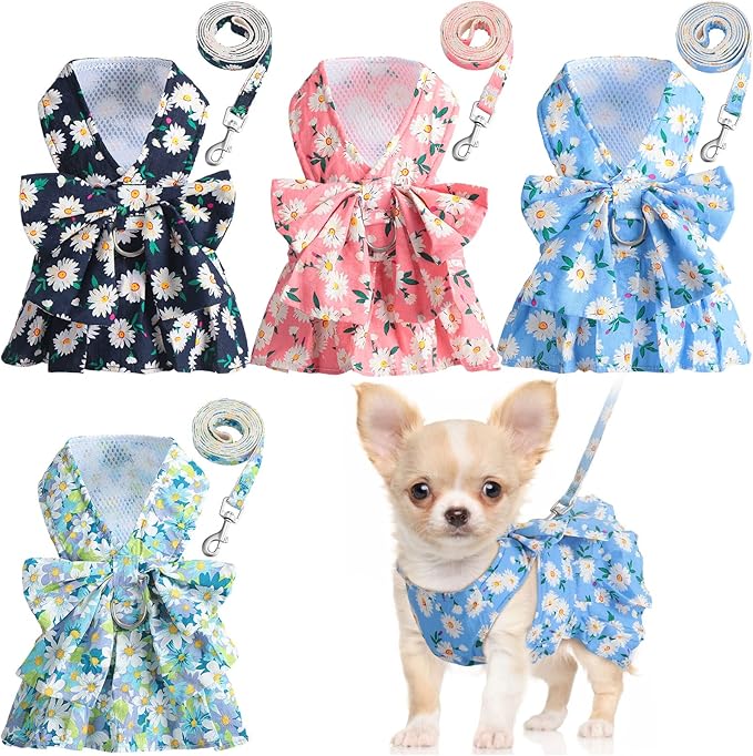 Sanwuta 4 Pack Harness Dog Dress Bowknot Leash Set Floral Princess Dog Harness Dress Vest with Leash Pet Doggy Outfits for...